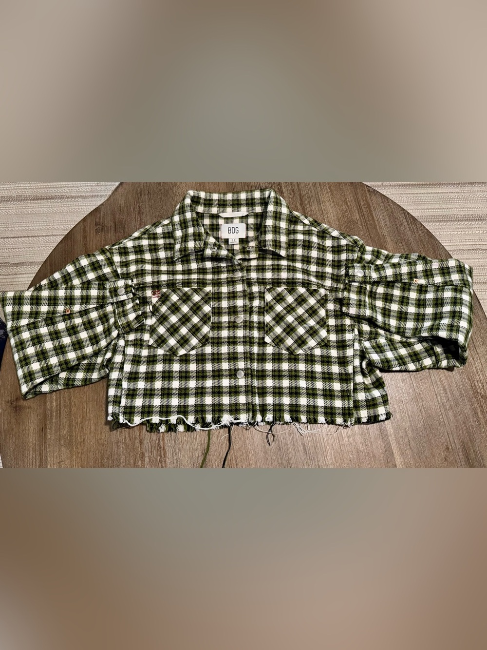 BDG Green & White Plaid Cropped Snap-Front Shirt Jacket